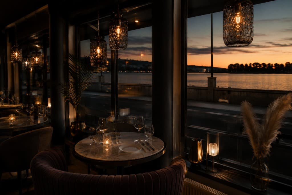 Duktat bord med vinglas i mörk restaurangmiljö — Riva Bistro