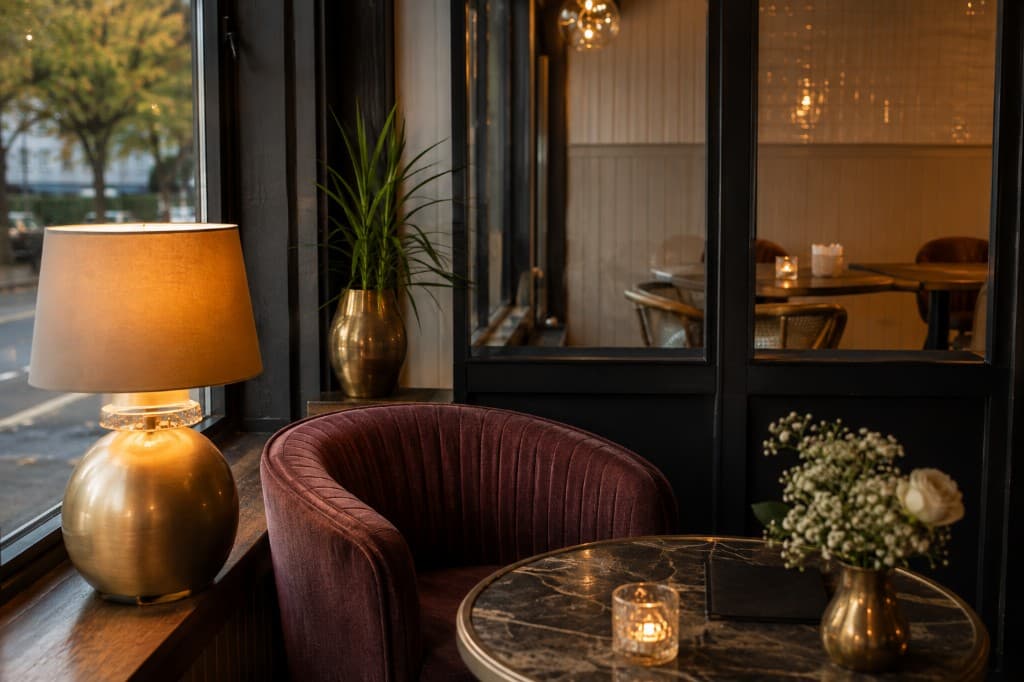 Upplagd middag på mörk tabletop — Riva Bistro
